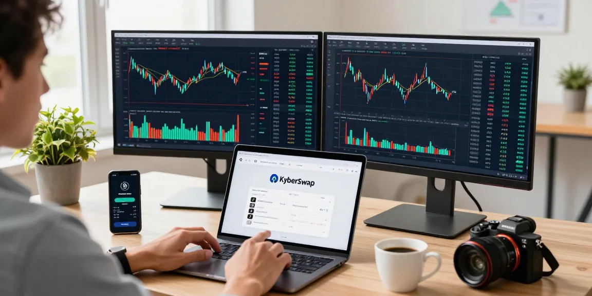 Engaging with kyber-swap on a laptop in a dynamic digital finance environment featuring cryptocurrency trading.