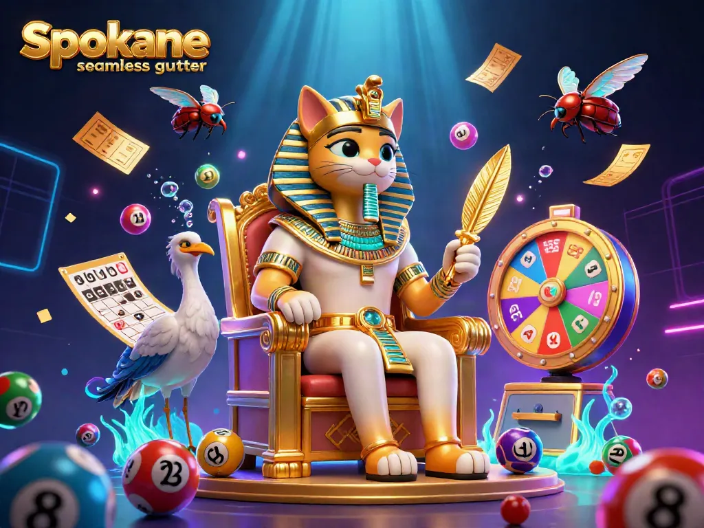 Engaging scene featuring Spokane seamless gutter highlighted with Egyptian pharaoh cat and dynamic gambling elements.
