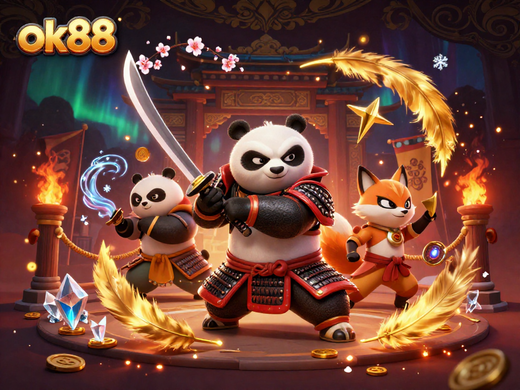 Engage with ok88's gaming thrills featuring samurai panda and ninja fox in an exciting casino setting.
