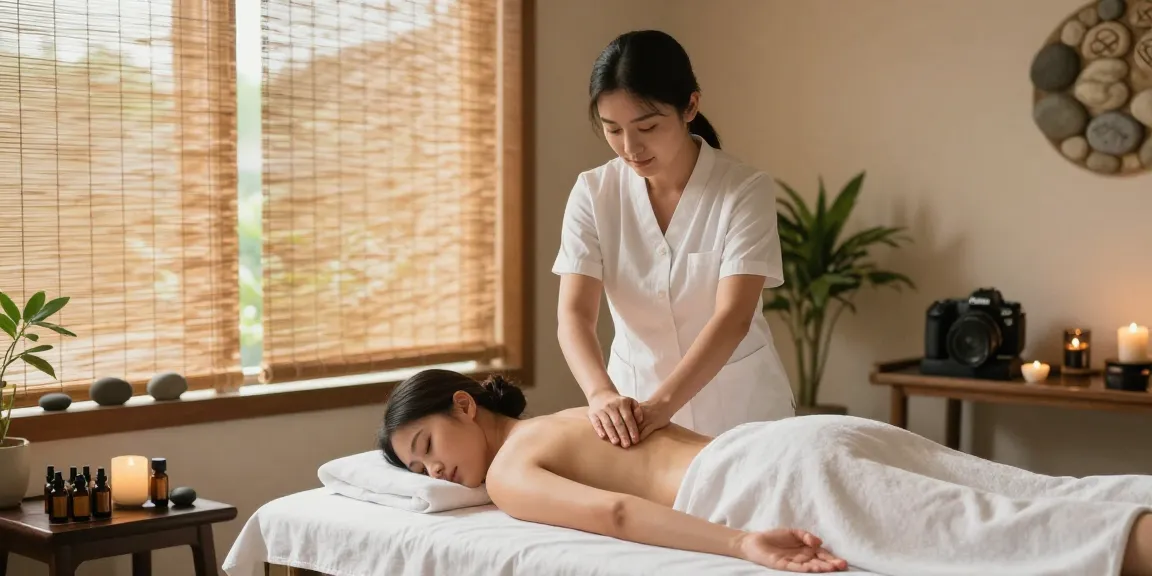 마사지 치료를 받는 고객과 전문 마사지사의 평화로운 장면