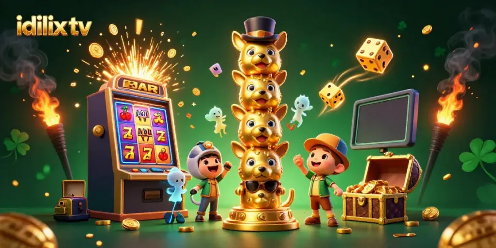 Bet on idlix tv with this vibrant 3D scene featuring a golden totem, slot machine explosion, and casino elements.