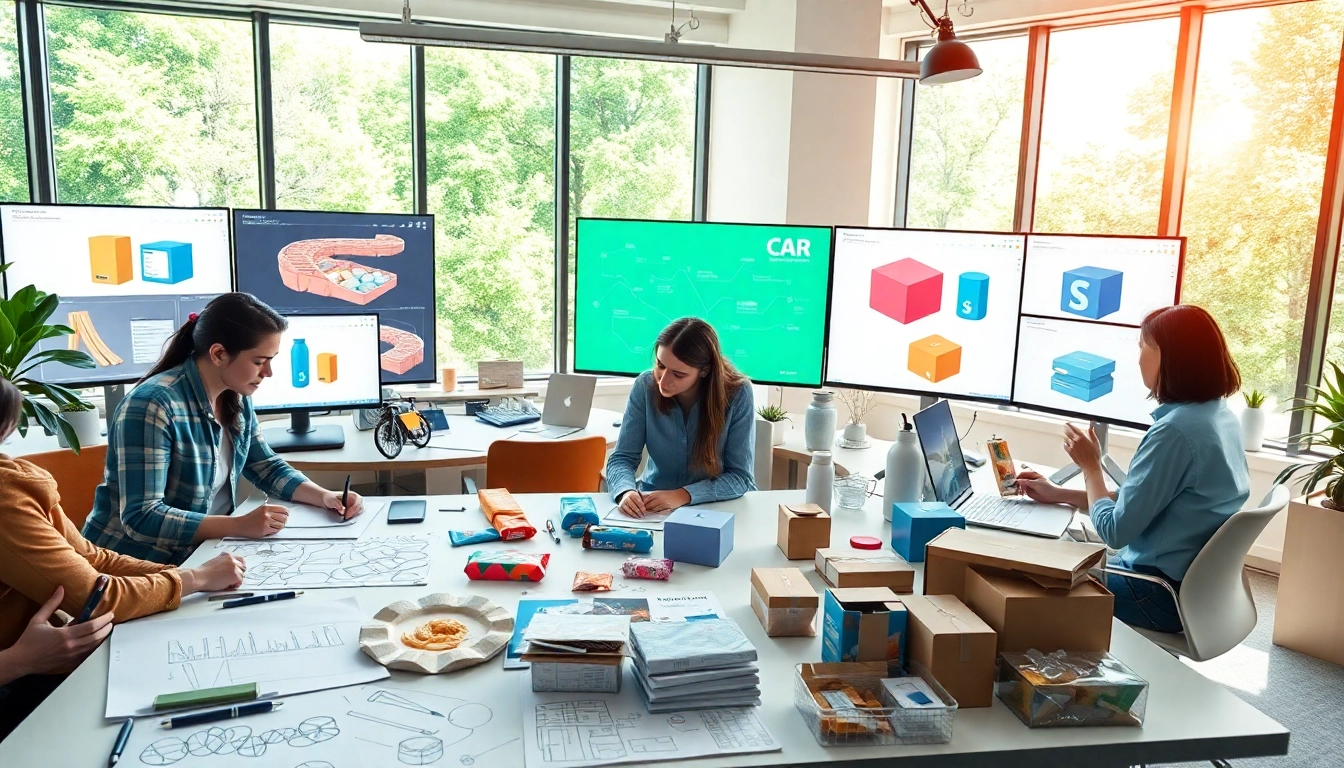 Design team creating innovative Packaging Design & Commercialization solutions in a vibrant workspace.
