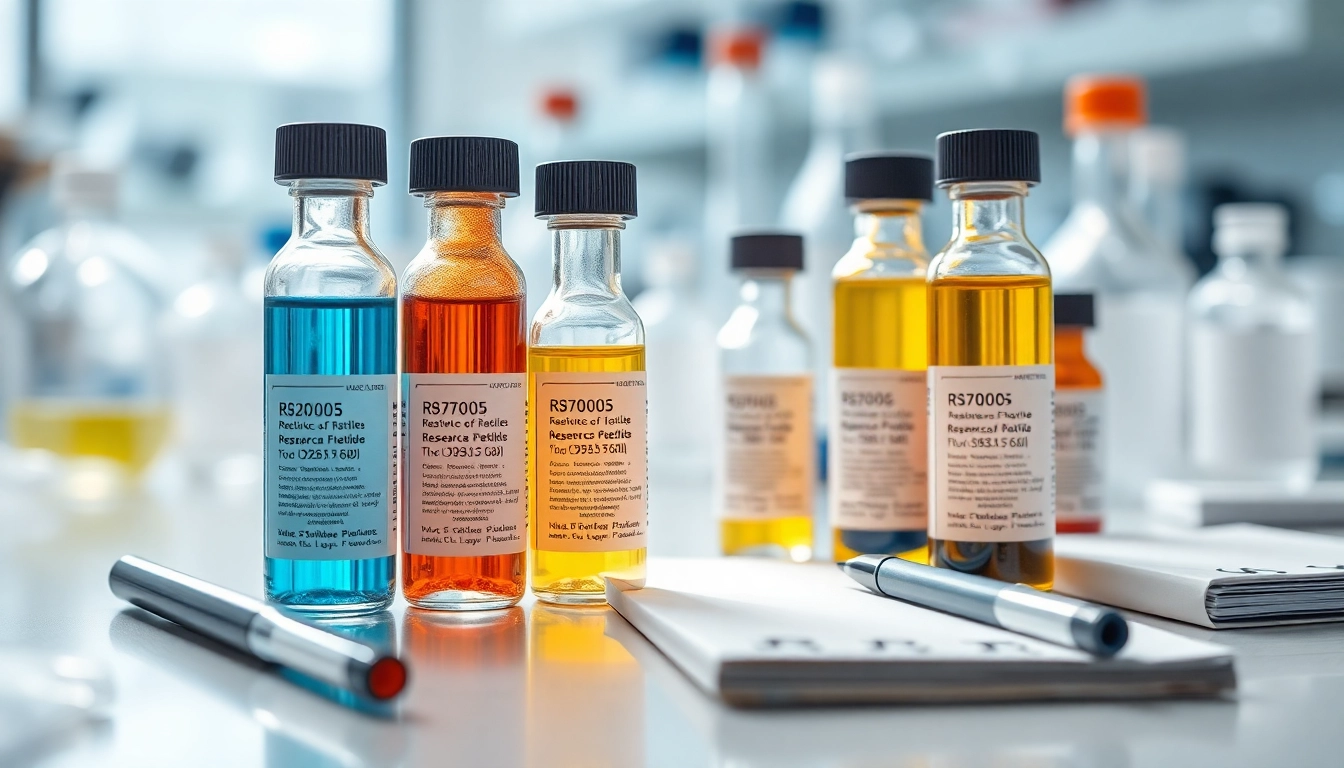 Showcase of pep essentials peptides in a laboratory setting with bright lighting and detailed vials.