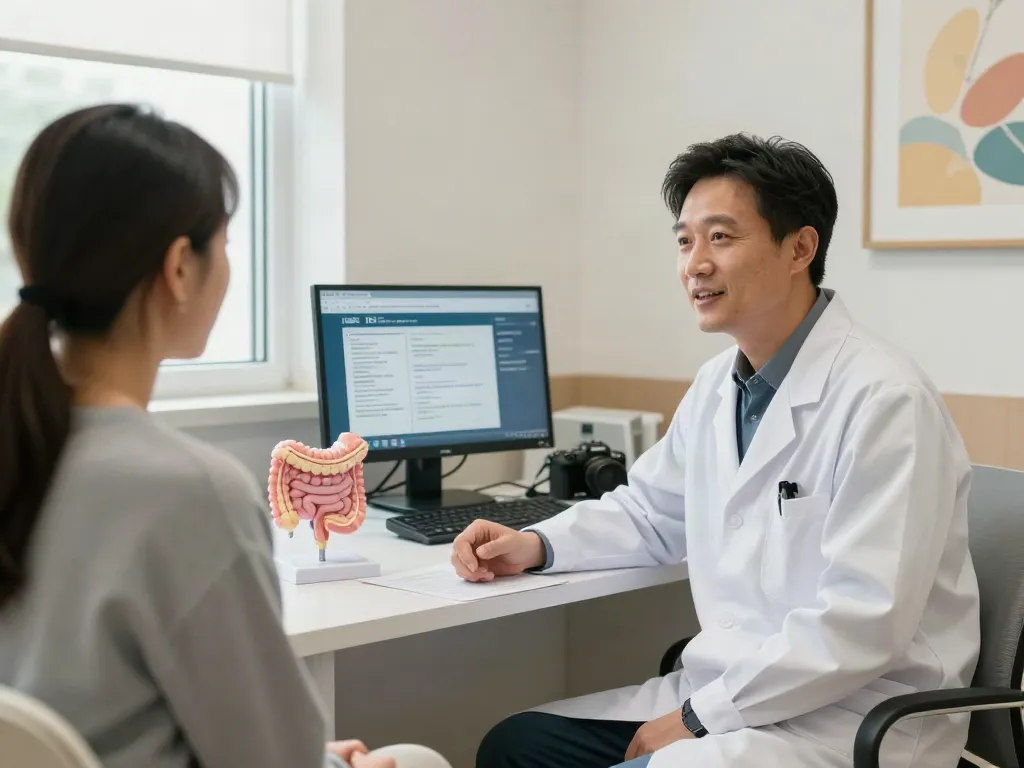 Doctor discussing IBS symptoms with a patient in a welcoming clinic environment, emphasizing friendly healthcare.
