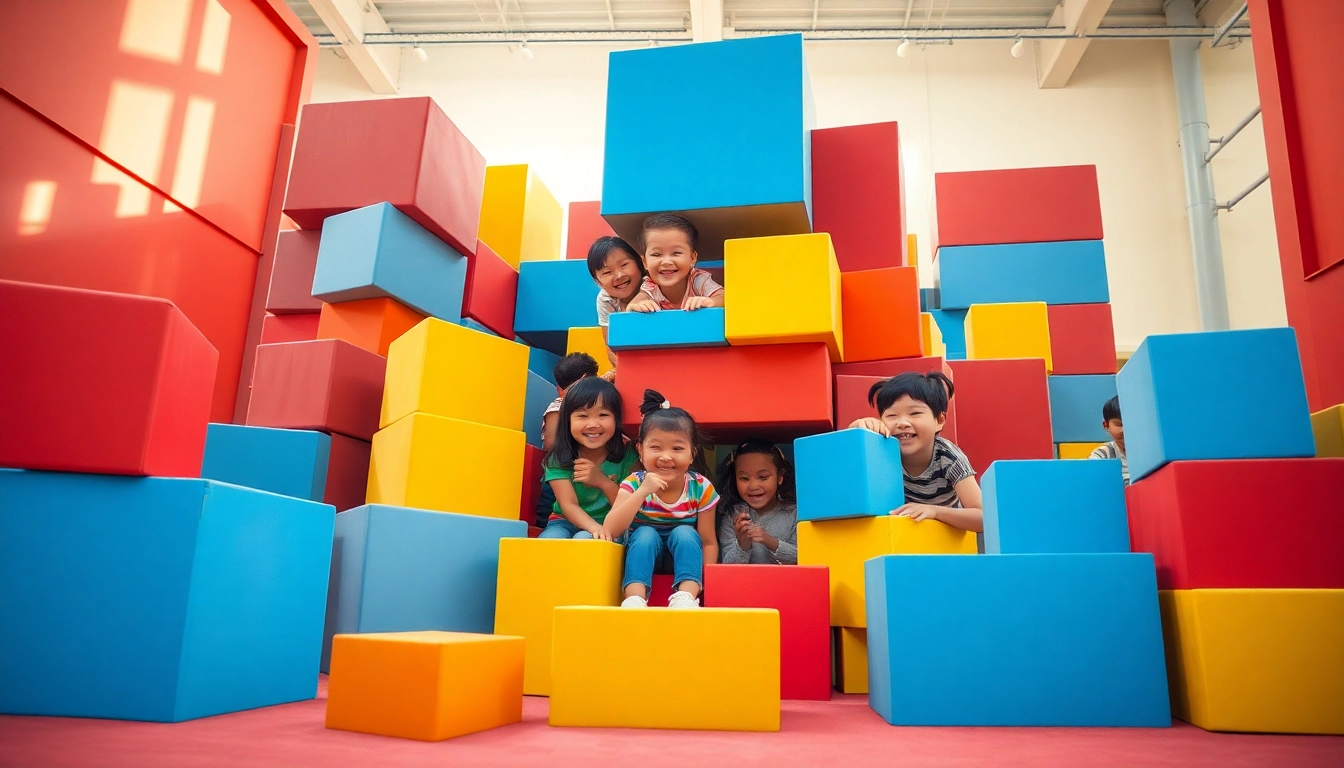 Get the details on the joy of kids playing with soft foam building blocks in a bright play area.