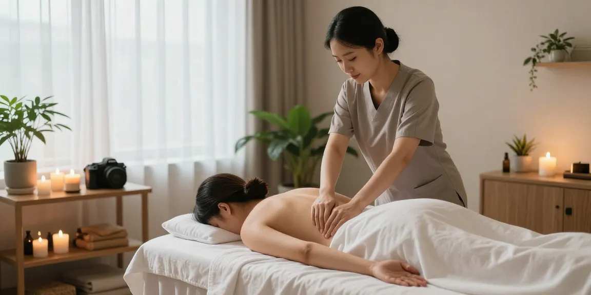 마사지 중인 고객과 치료사의 편안한 마사지 룸 풍경