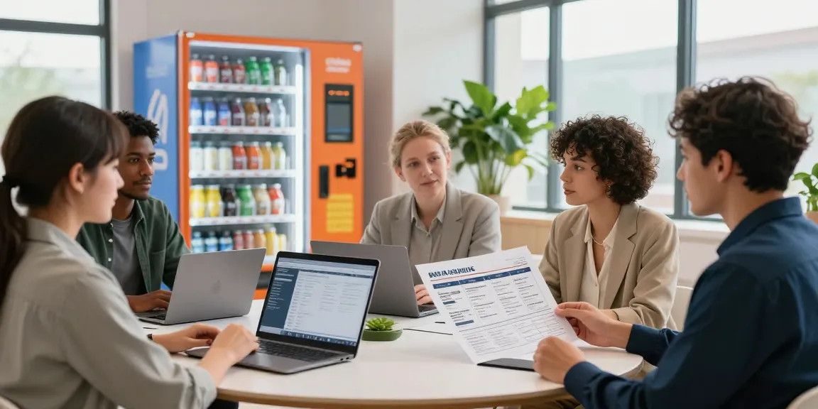 Entrepreneurs discussing whether vending machines are profitable with market data and colorful vending machines in a modern workspace.