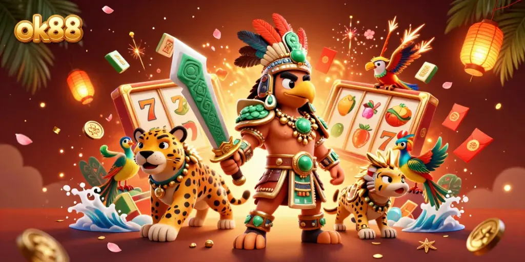 Experience the thrills of ok88 with vibrant gaming elements surrounding an Aztec warrior.