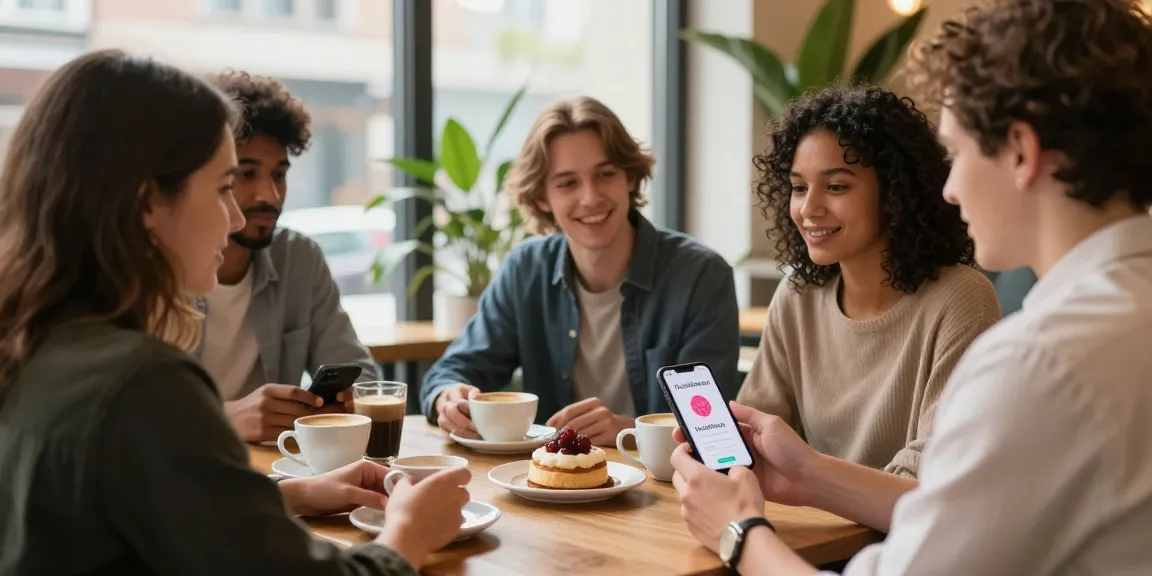 Engaging scene of singles discussing dating in café with HundRoses app visible.