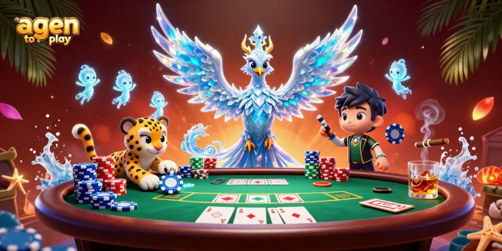 Engage with agen toto play's vibrant scene showcasing a poker showdown with 3D characters and gaming elements.