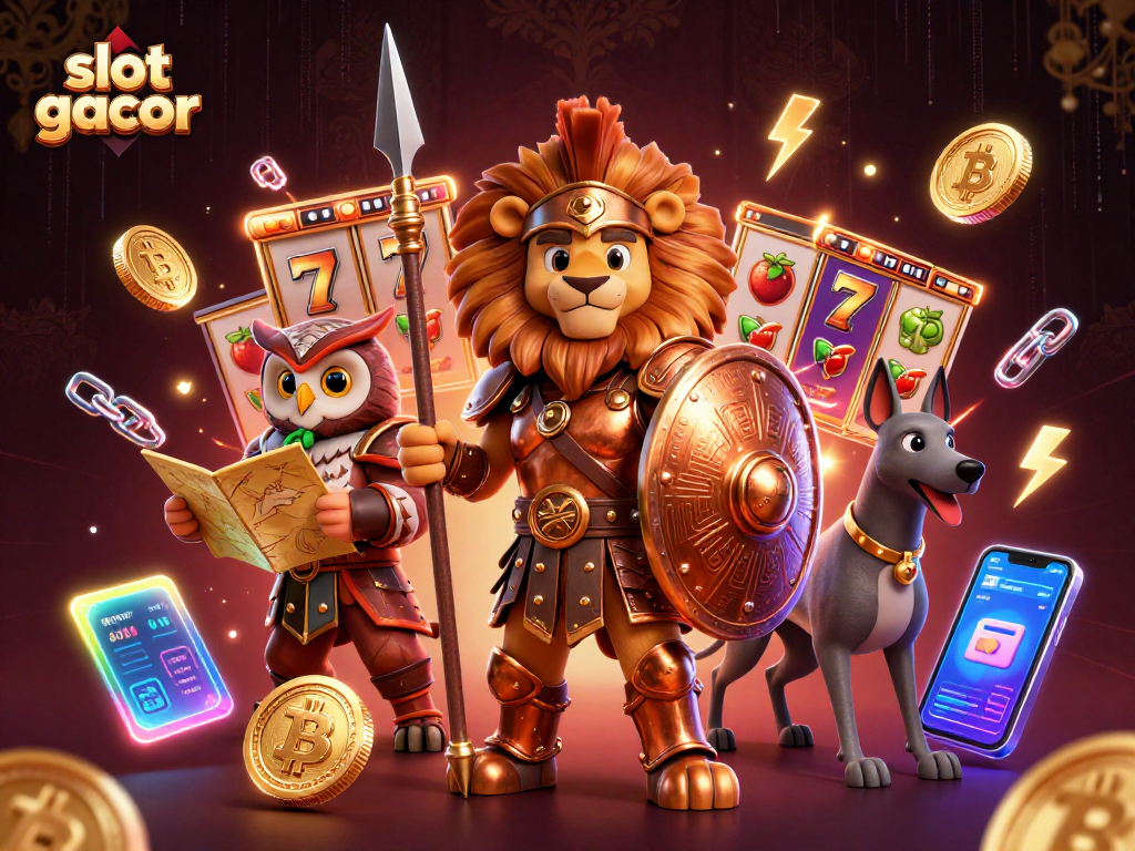 Experience the thrill of slot gacor with a vibrant 3D illustration of heroic characters amidst casino elements.