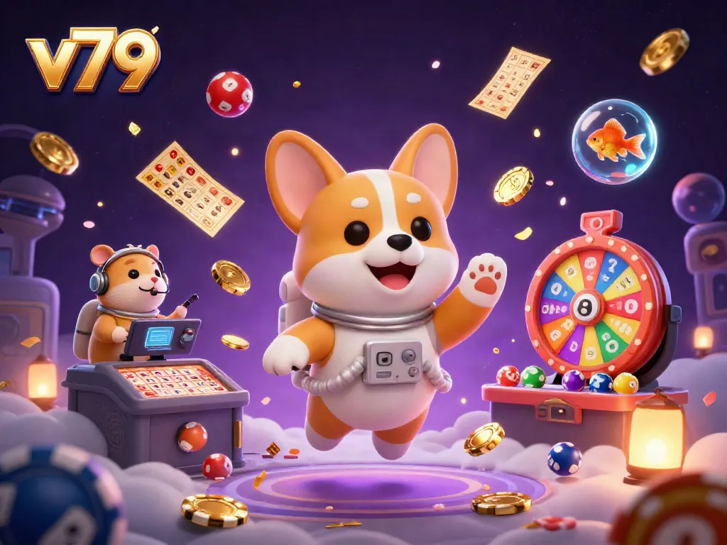 Engage with the rich world of v79 at this captivating space station casino scene filled with vibrant games and floating coins.