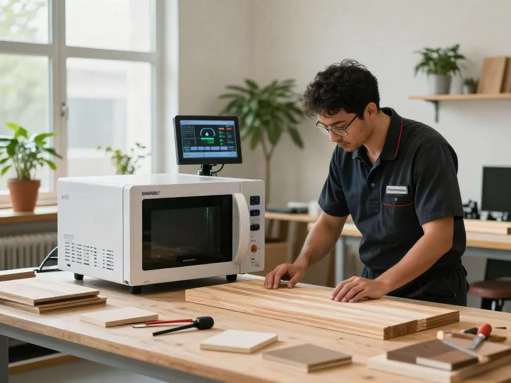 SHASHEL® microwave equipment effectively treating wooden planks in a bright workshop.