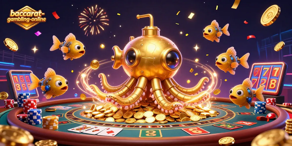 Engage with baccarat-gambling-online through an exciting 3D illustration featuring a golden kraken submarine amidst a sea of casino elements.