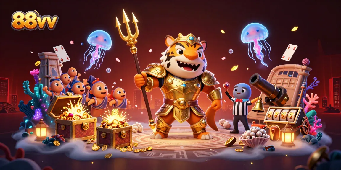 Engage with 88vv in a colorful underwater casino scene filled with vibrant gems and immersive gaming elements.