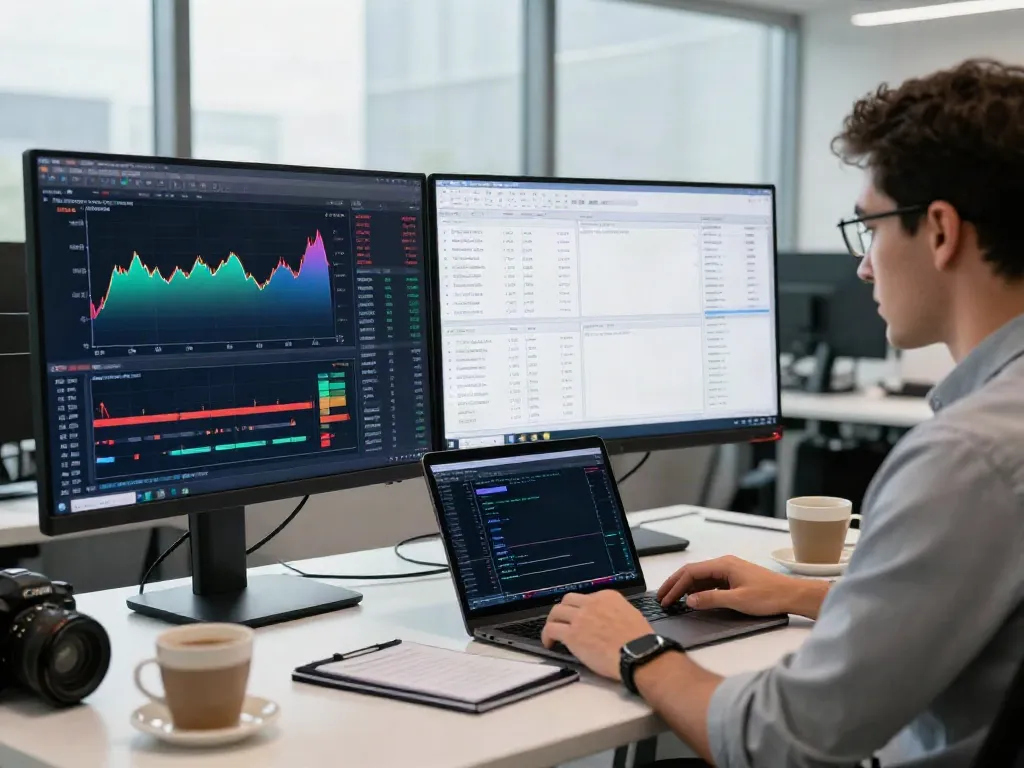 Trader analyzing financial markets using MetaTrader 5 on dual monitors in a modern office.