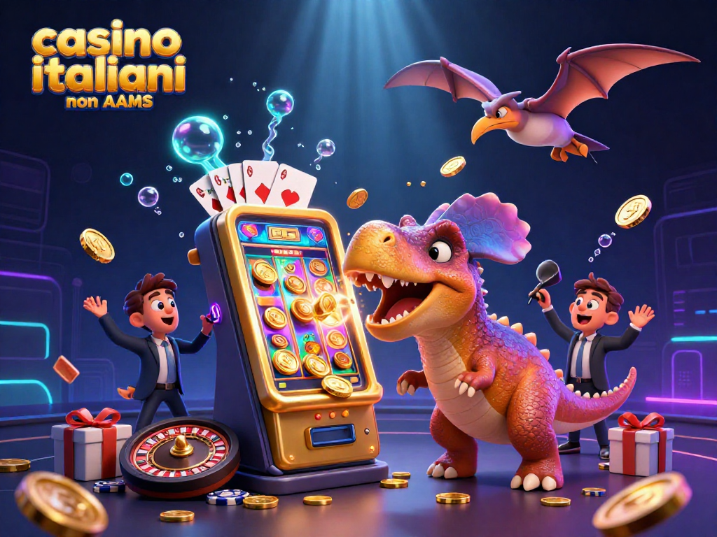 Il pachicefalosauro nei casino italiani non AAMS colpisce la slot per vincere, mentre il manager si agita raccogliendo monete volanti.