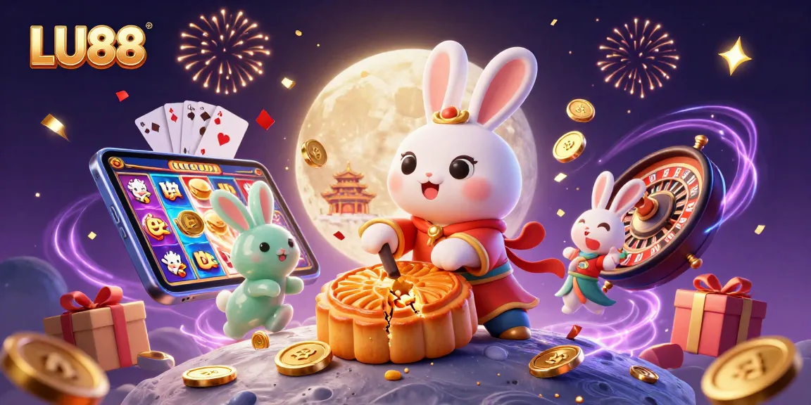 LU88 celebrates winning moments with a mystical moon rabbit and golden casino symbols.
