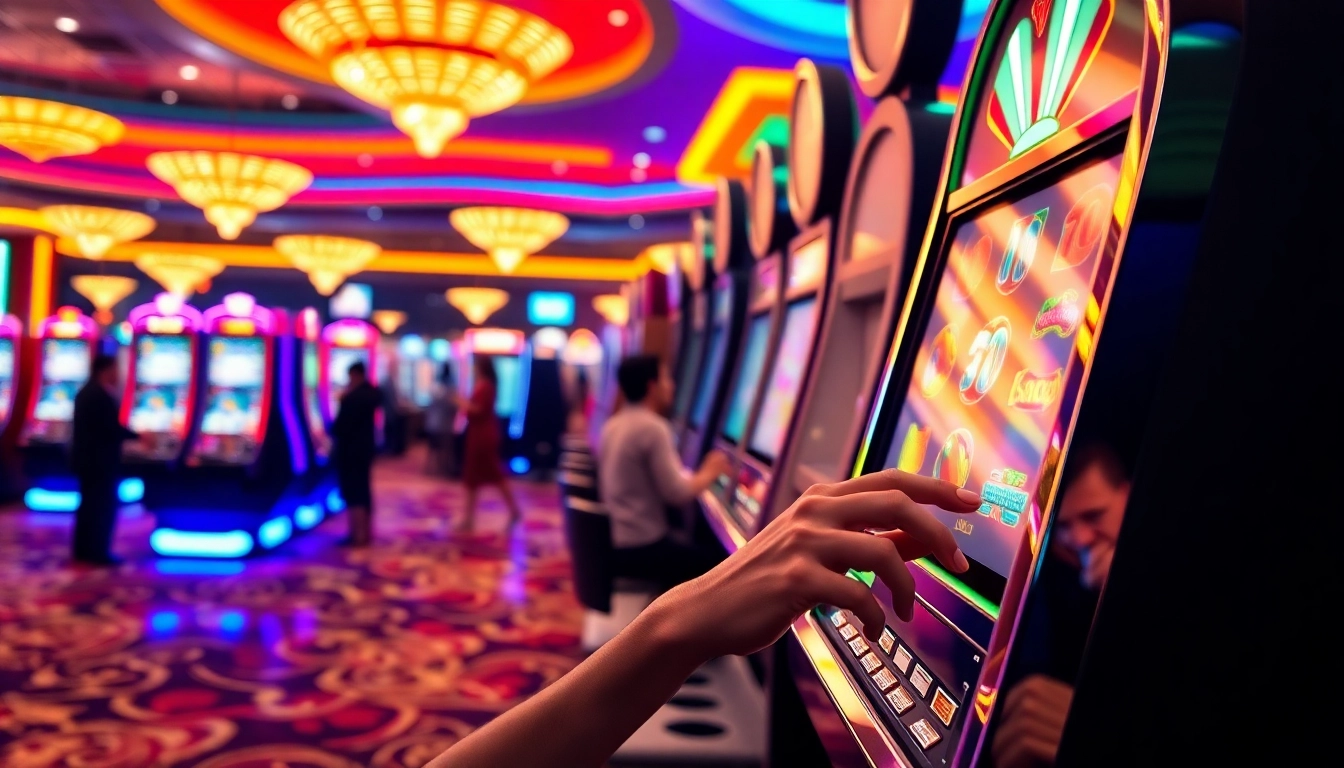 Engaging scene of slot gambling in a colorful, vibrant casino, showcasing excitement and fun.