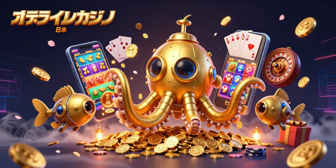 オンラインカジノ 日本で金貨の海から浮上する金色のクラーケンの潜水艦とメカ魚が描かれているイラスト