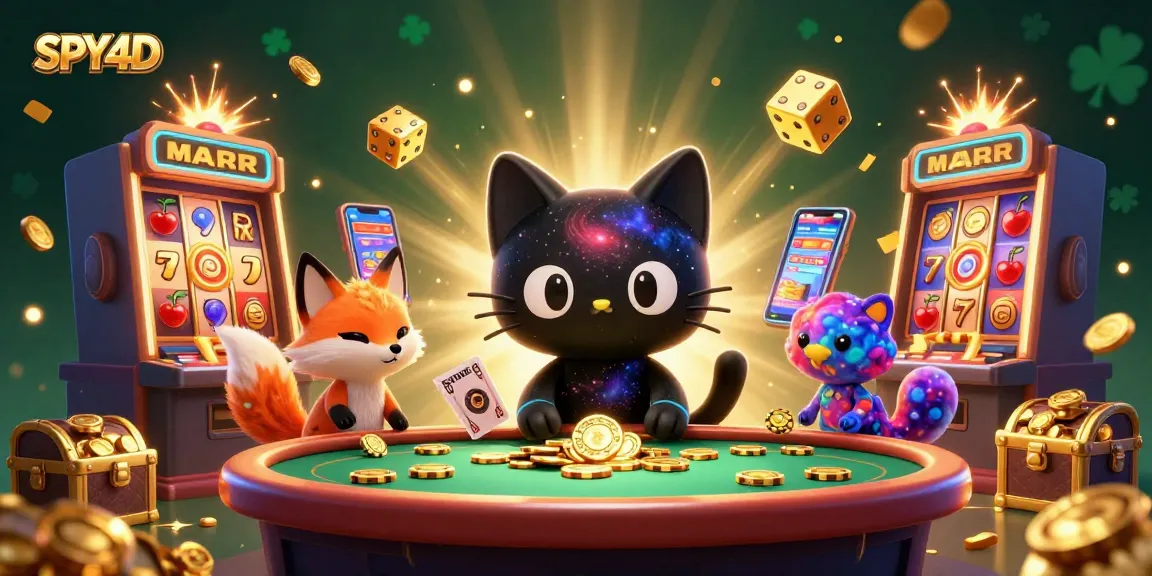 SPY4D menang di meja kasino 3D dengan kucing lubang hitam menarik chip emas dan kartu.