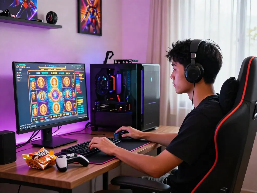 Engaged player enjoying สล็อตเว็บตรง on a high-tech gaming setup with vibrant graphics and cozy decor.