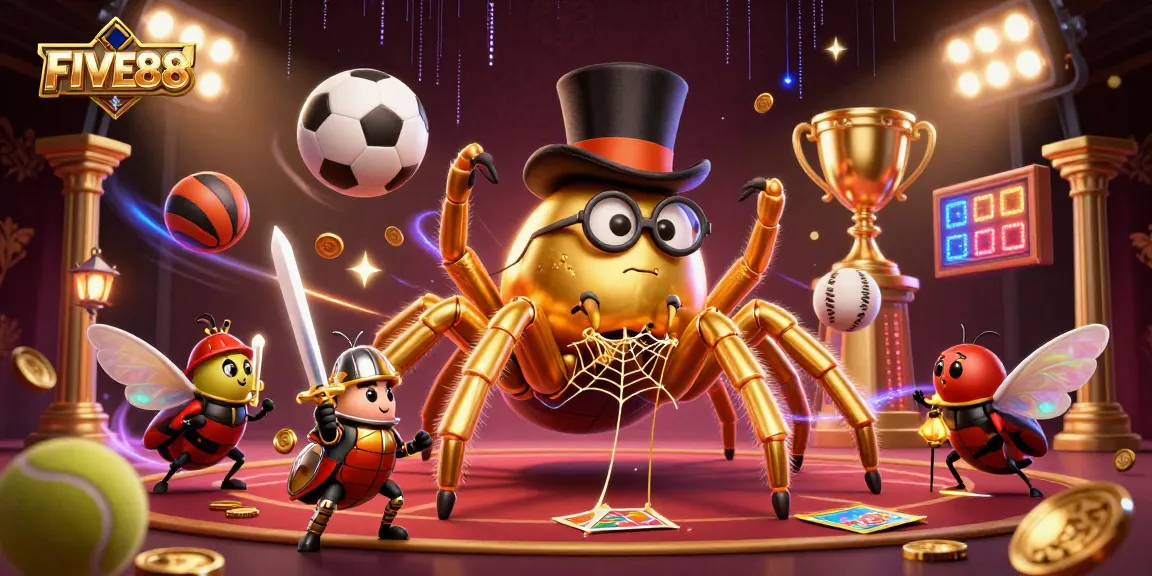 Experience FIVE88 excitement with a golden tarantula weaving a dazzling web amidst sports betting thrills.