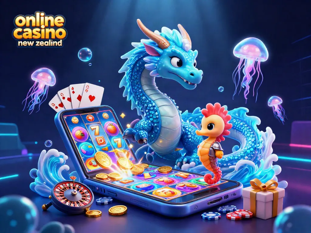 Win rewards at online casinos new zealand with vibrant 3D dragon, seahorse, and jellyfish gaming scene.