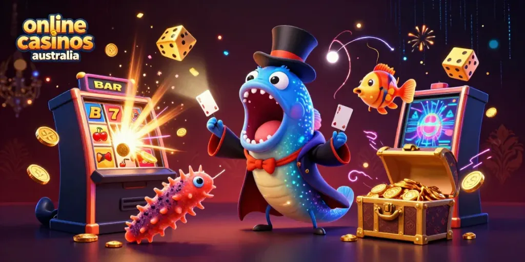 Experience the magic of online casinos australia with vibrant characters and dynamic casino elements.