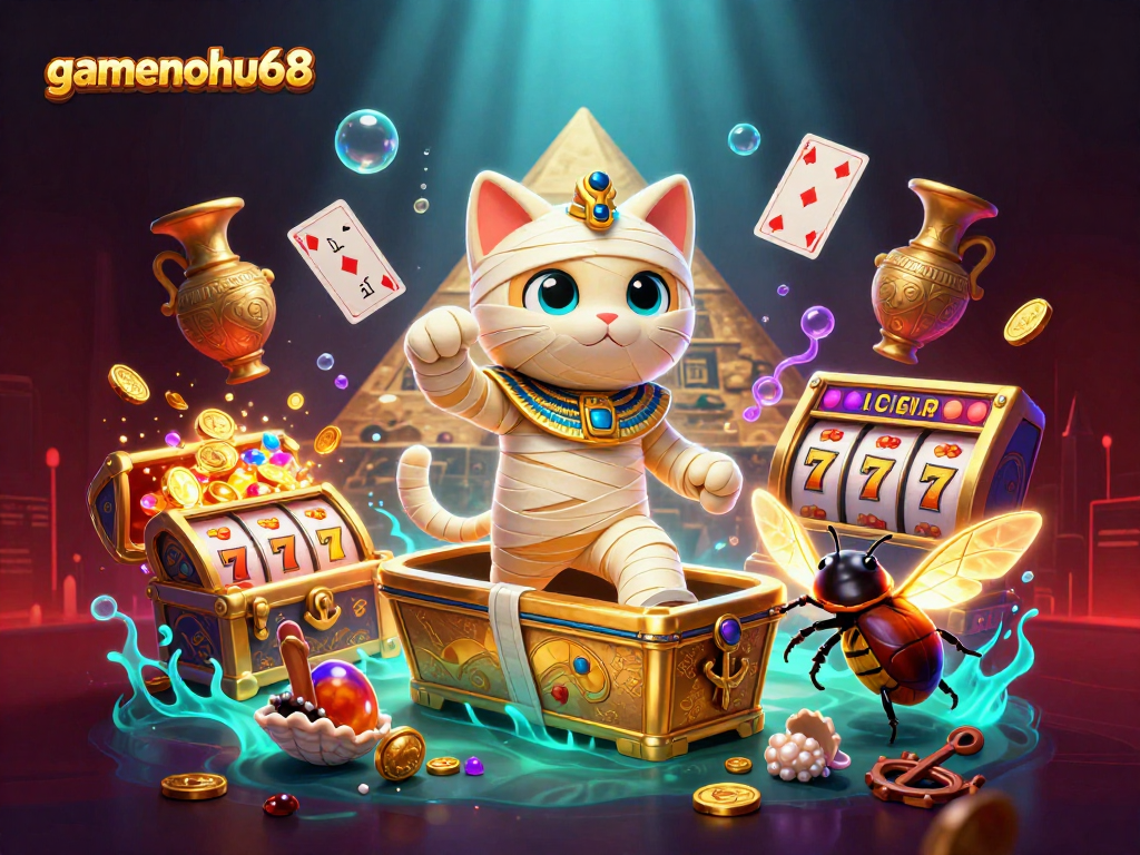 Engage with gamenohu68's exciting casino scene featuring a 3D Egyptian mummy cat and dynamic slot reels.
