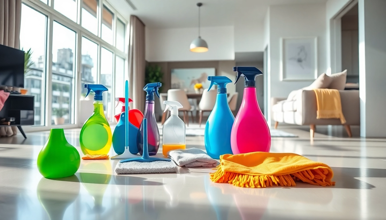 Efficient bond cleaning Logan setup showcasing a spotless apartment with essential cleaning supplies.