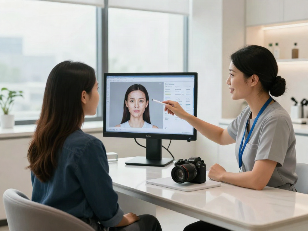 ClinicEvo better than QOVES shown during a personalized facial analysis consultation with advanced technology and professional guidance.