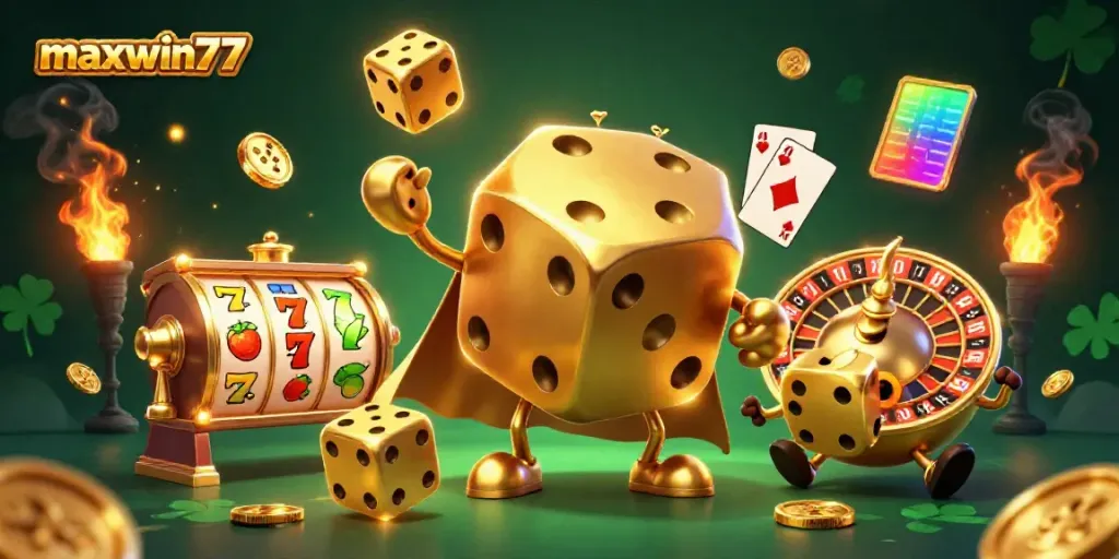 Enhance your gaming experience with maxwin77, featuring dynamic slot reels, golden dice golem, and vibrant casino elements.