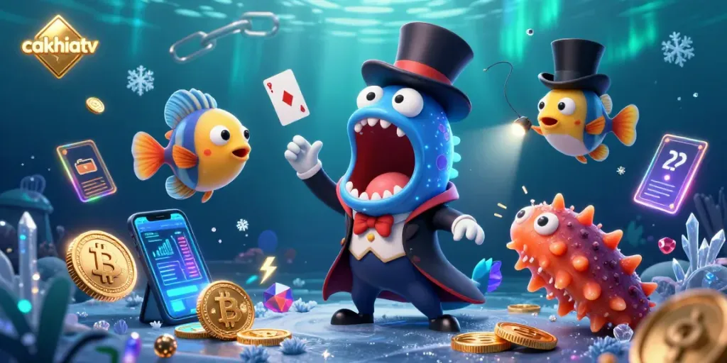 Experience thrilling football moments with cakhiatv's vibrant magic act in a dazzling underwater scene.