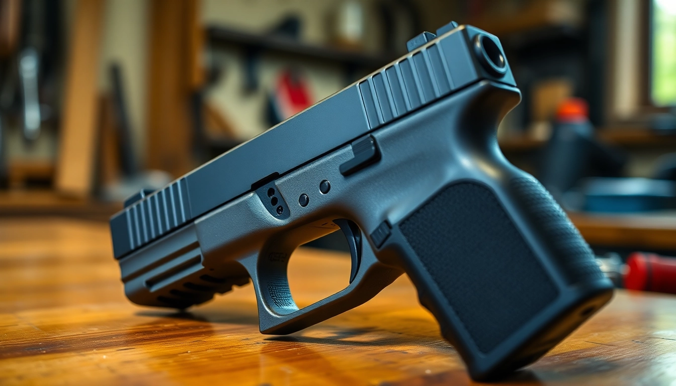 Showcase glock 19 gen 3 slide on a workbench highlighting its intricate design and features.