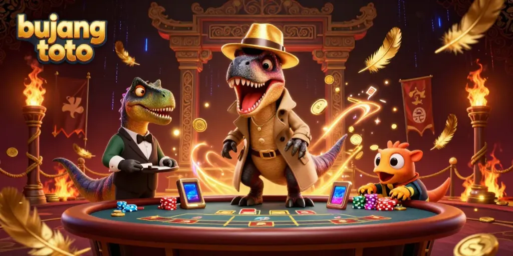 Engage in thrilling gaming action with bujang toto featuring cartoon dinosaurs in a vibrant casino scene.