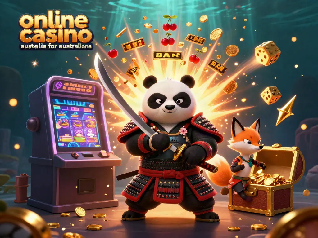 Experience the excitement of online casino Australia for Australians with a dynamic illustration of a samurai panda and ninja fox.