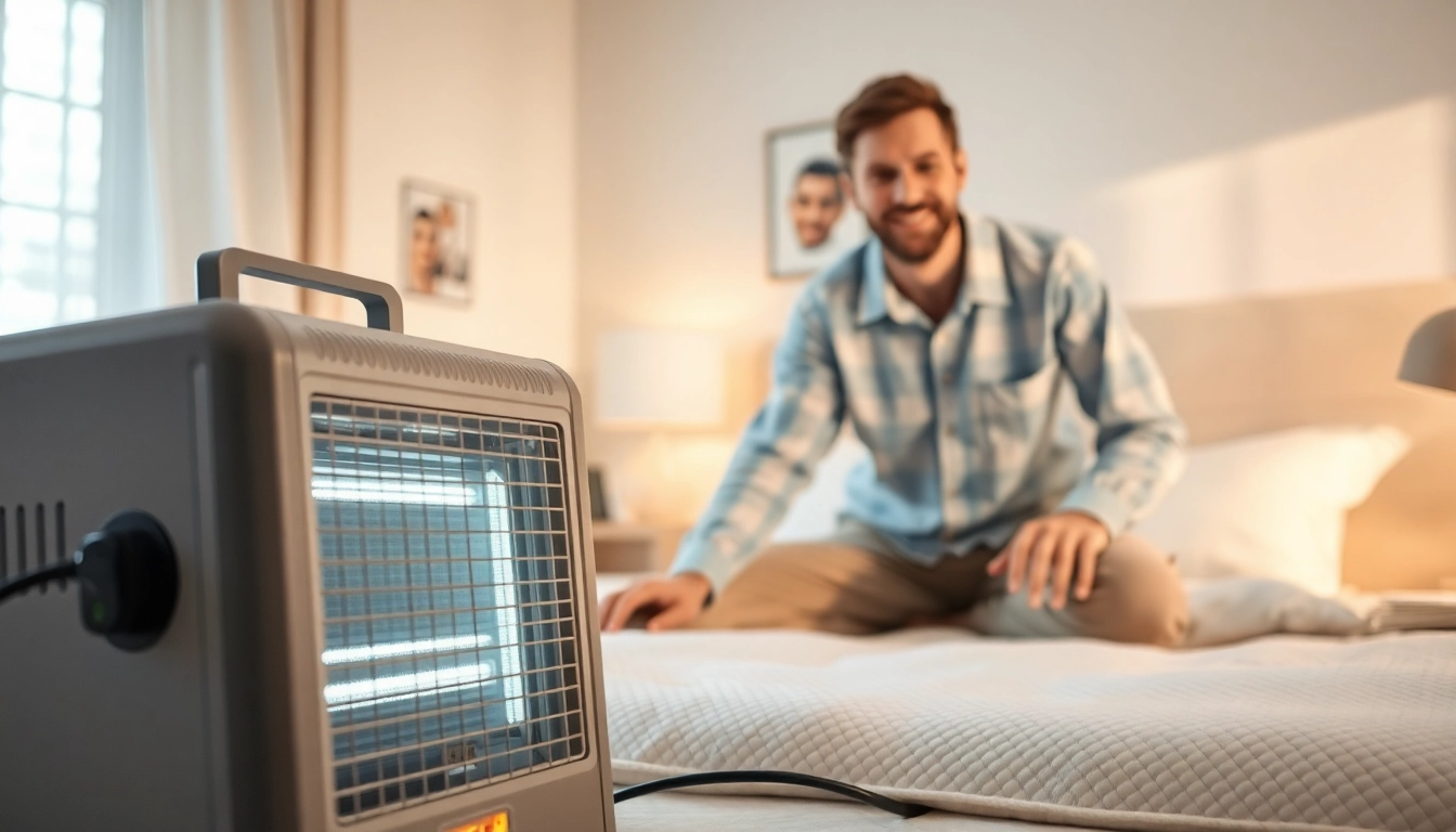 Technician conducting bed bug heat treatment using advanced equipment in a well-lit bedroom environment.
