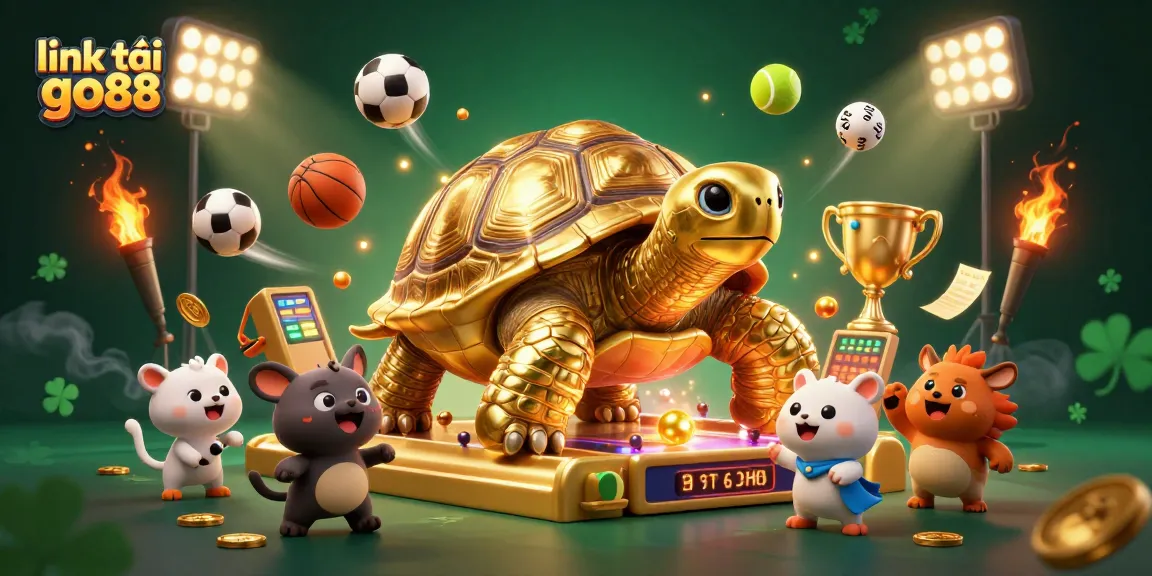 Play exciting games like link tải go88 with thrilling visuals of a golden tortoise and sports elements.
