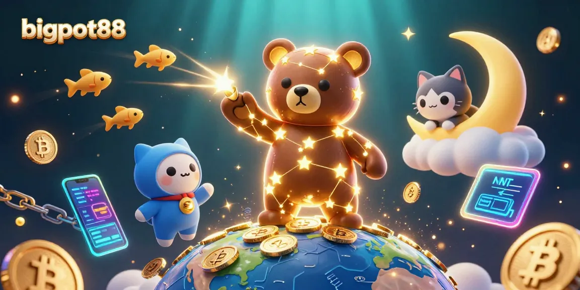 Experience bigpot88 as the constellation bear gathers coins, amidst vibrant cryptocurrency elements.