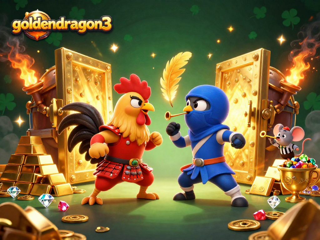 Experience the thrill of goldendragon3 with dramatic rooster duel in a wealth-filled 3D casino scene.