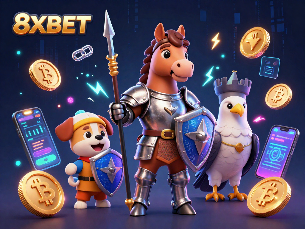 Engage with cutting-edge 8XBET gaming in a vibrant 3D casino scene, featuring medieval characters and crypto elements.