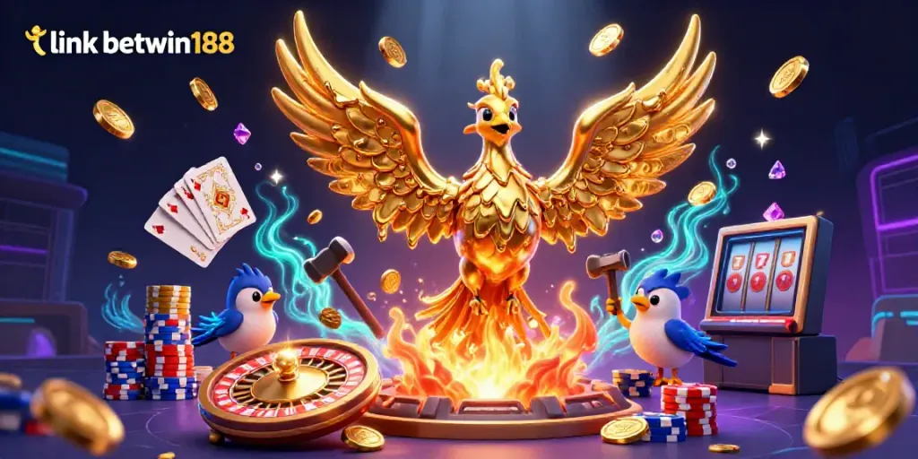 Mengakses keseruan judi dengan link betwin188 dalam ilustrasi 3D yang menyoroti warna emas dan permata berkilau.