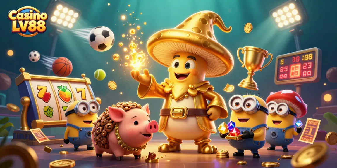 Win big at Casino LV88 with a magical wizard and treasure hunting pig amid slot reels.