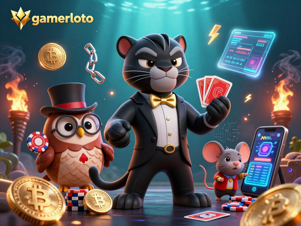 Engage with gamerloto in this vibrant 3D casino scene featuring a tuxedoed panther dealing cards.