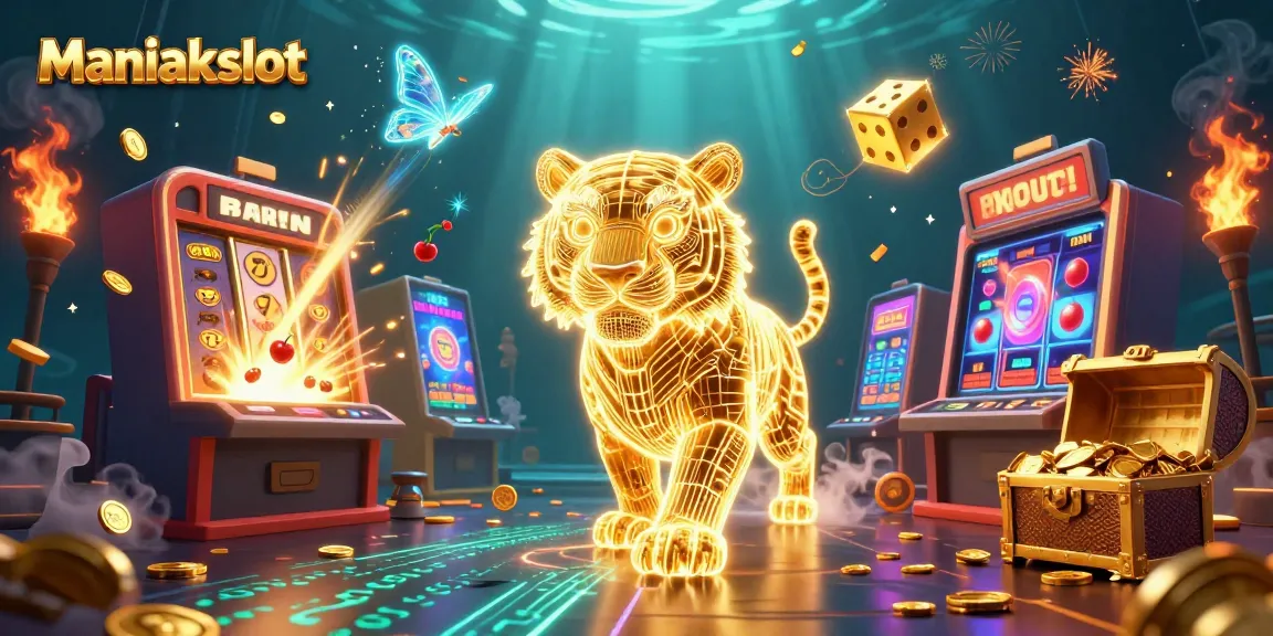 Experience excitement with Maniakslot as a golden tiger navigates a vibrant digital casino landscape