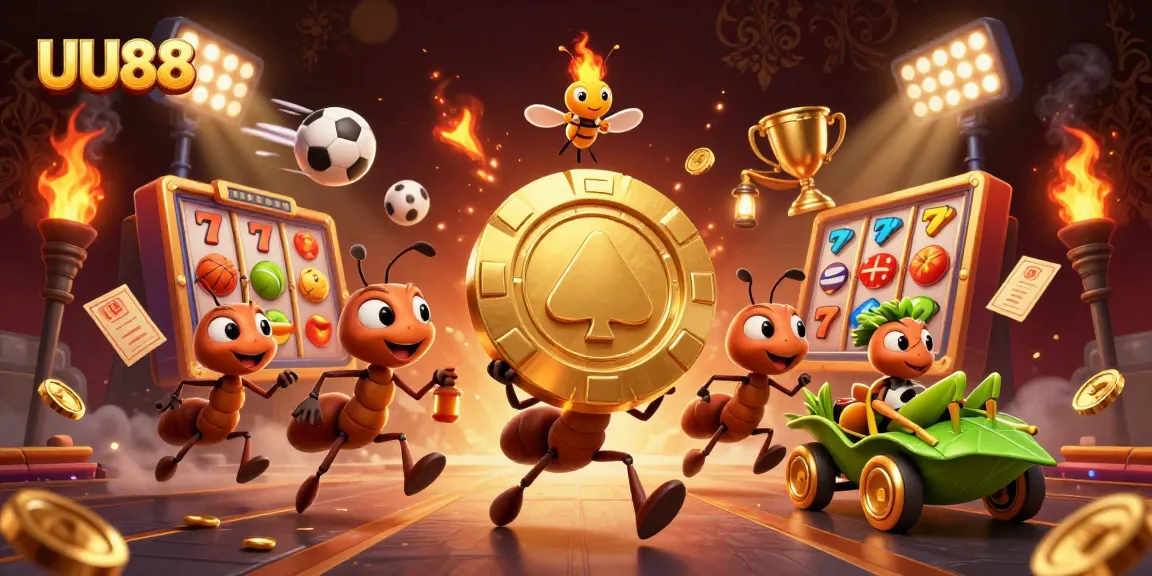 Ants heist scene with golden poker chip showcasing UU88, blend of casino and sports elements.
