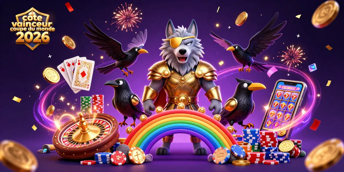 Pariez sur la cote vainqueur coupe du monde 2026 avec une illustration ludique des éléments de casino et sport.