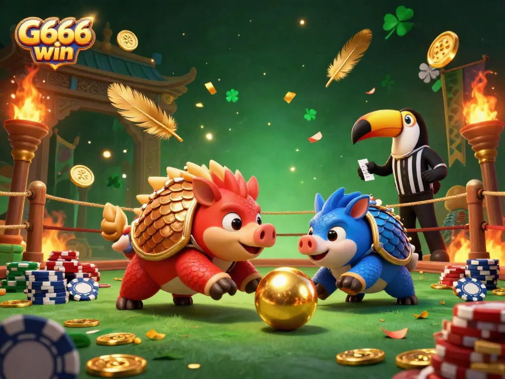 Experience G666 win with a vibrant 3D illustration of rival pangolins in a dynamic casino setting.