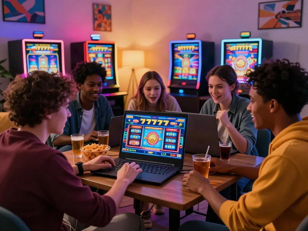Kelompok teman bermain game slot777 dengan antusias di ruang tamu yang nyaman.
